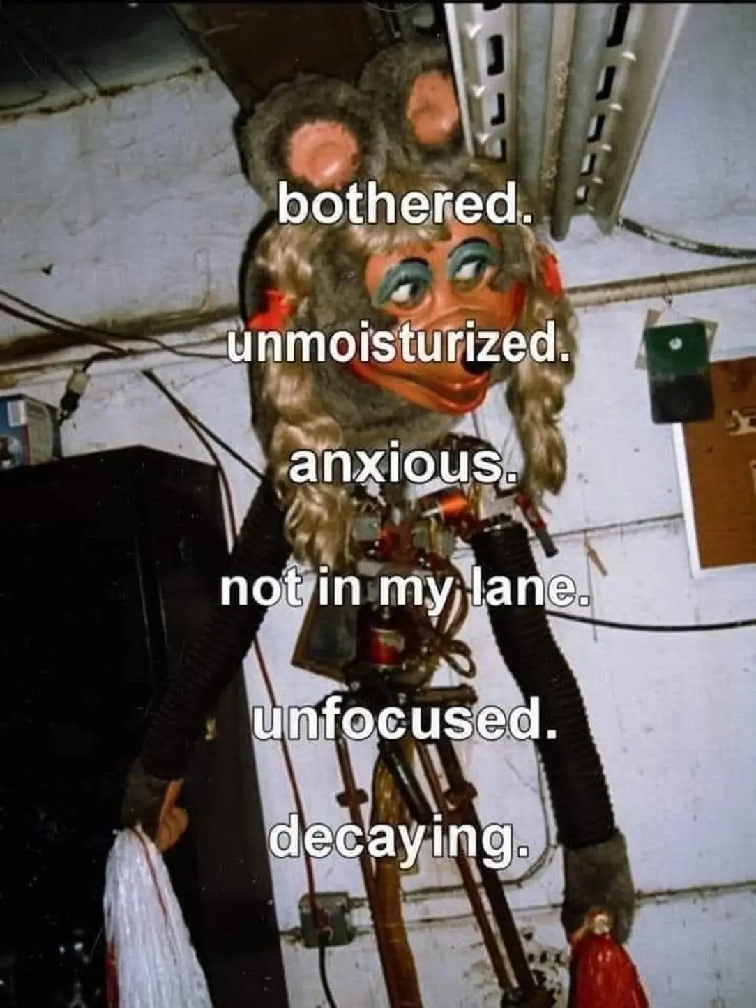 The meme features a screenshot of a character from the popular children's TV show "Sesame Street" with a distorted, creepy face. The character is surrounded by a caption that reads "I'm not lazy, I'm just on energy-saving mode".